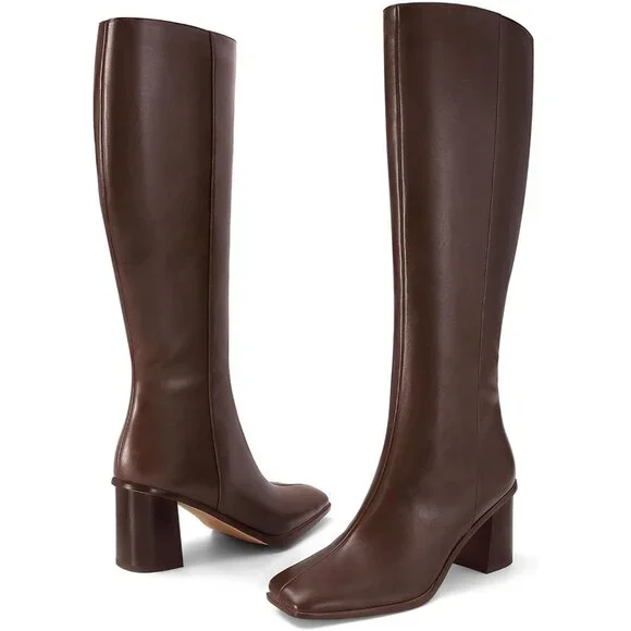 Women's Brown Faux Leather Chunky High Heel Tall Boot Fashion Square Toe - Picture 5 of 6